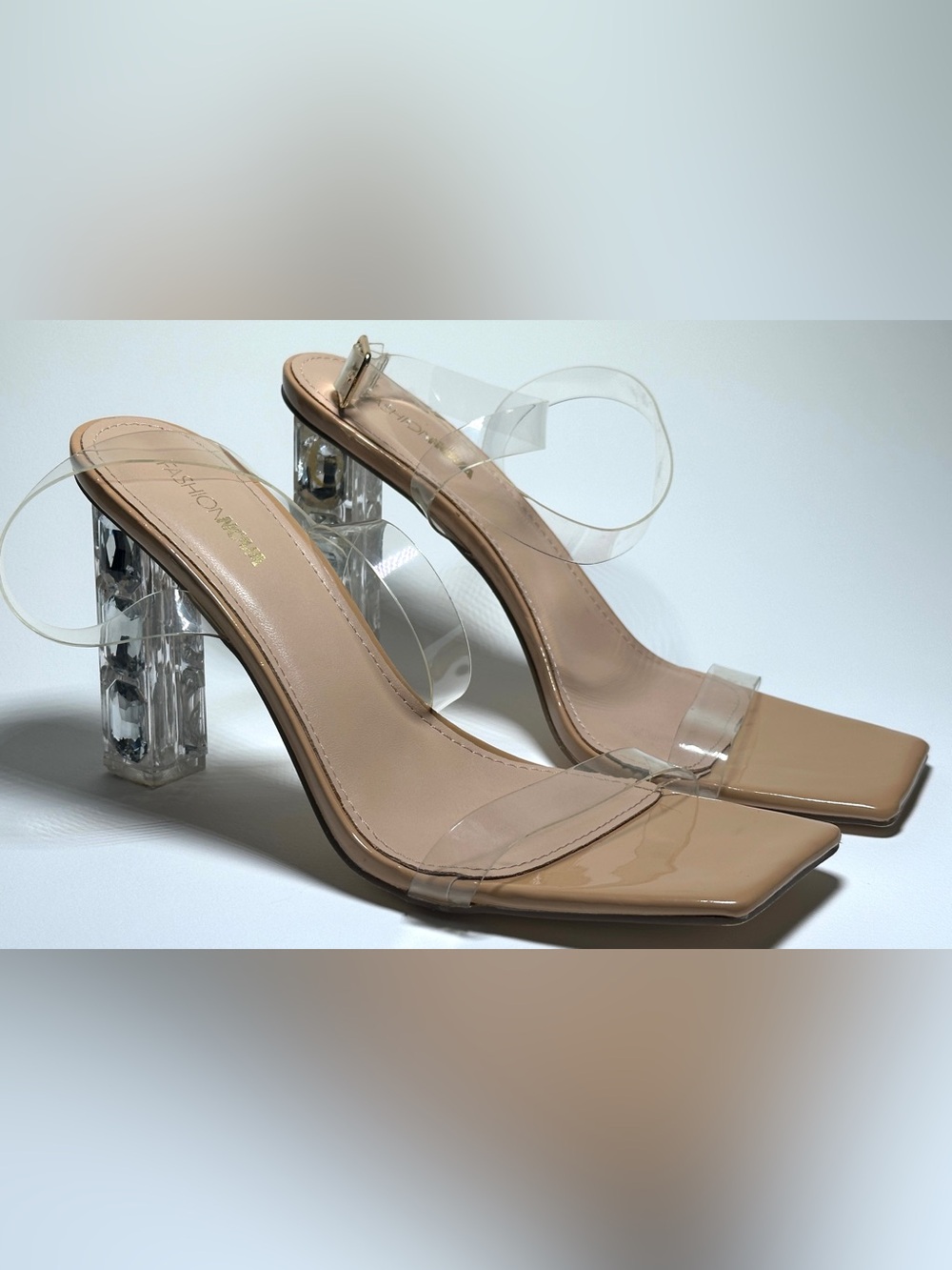 Fashion Nova Nude Clear Strap Block Heel Sandals